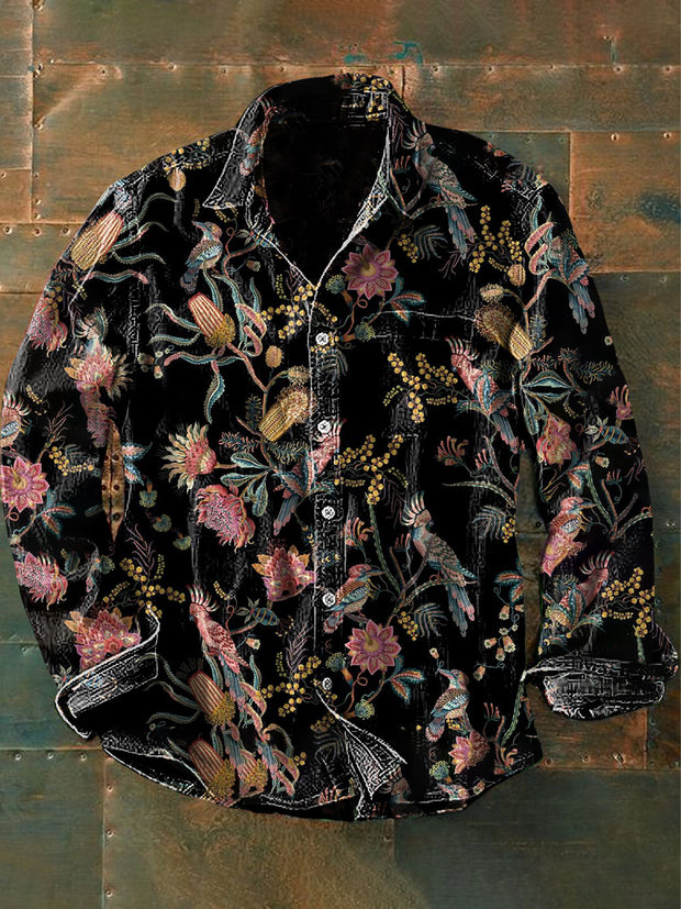 Unisex Men's Vintage Ethnic Animal Flower Abstract Print Casual Long Sleeve Shirt