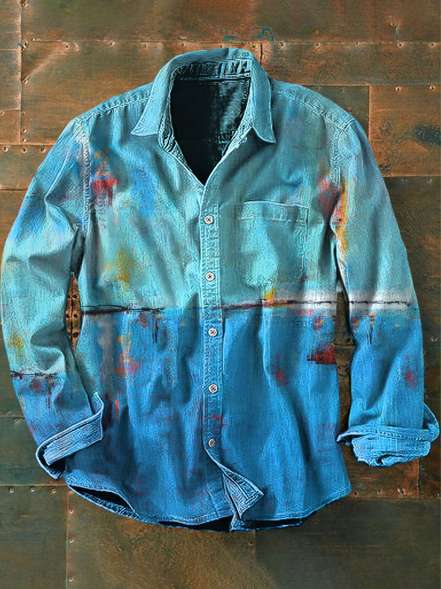 Men's  Vintage Matchbox Blues Abstract Print Casual Long Sleeve Shirt