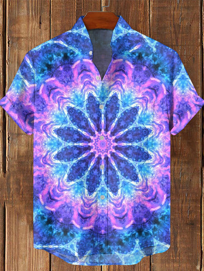 Men's Vintage Hippie Colorful Gradient Mandala Art Printed Casual Cotton Short Sleeve Shirt