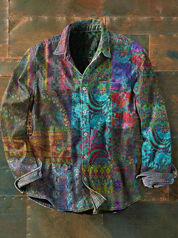 Unisex Men's Vintage Ethnic Multicolor Geometric Floral Abstract Print Casual Long Sleeve Shirt