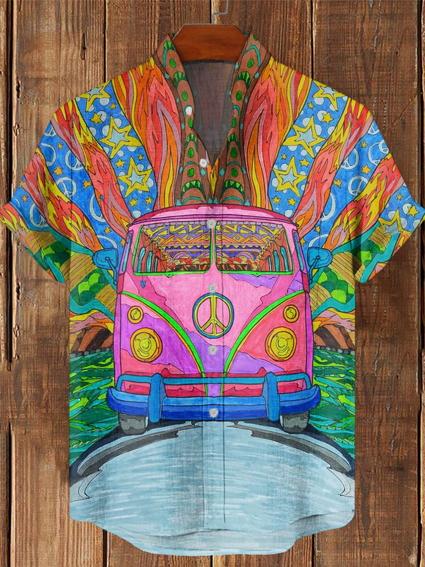 Men's Vintage Hippie Colorful Car Art Printed Casual Cotton Short Sleeve Shirt