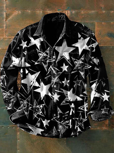 Unisex Men's Vintage Black & White Stars Abstract Print Casual Long Sleeve Shirt