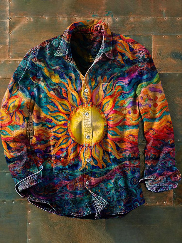 Men's Vintage Psychedelic Hippie Colorful Sun Print Casual Long Sleeve Shirt