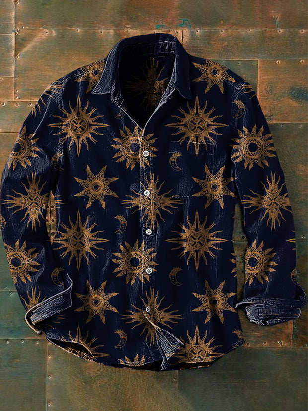 Unisex Men's Vintage Dark Sun & Moon Abstract Print Casual Long Sleeve Shirt