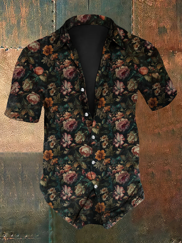 Men's Vintage Gothic Floral Design Print Short-Sleeve Shirt