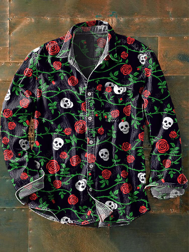 Men's Vintage Western Rose Skull Art Print Lapel Long Sleeve Pocket Shirt