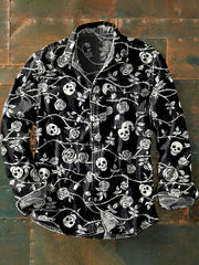 Men's Vintage Western Rose Skull Art Print Lapel Long Sleeve Pocket Shirt