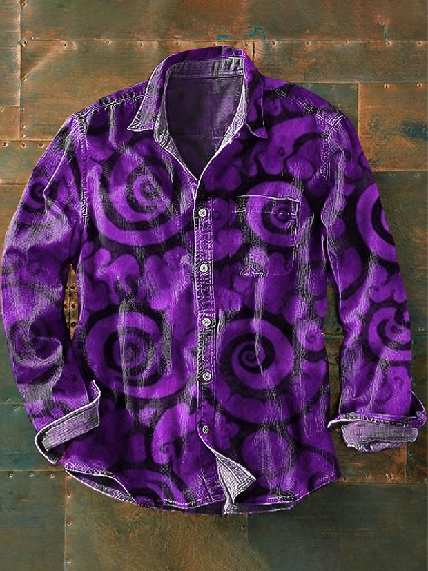 Men's Vintage Abstract Line Spiral Art Print Lapel Long Sleeve Pocket Shirt