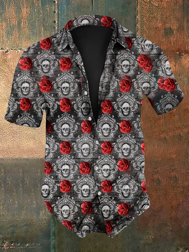 Men's Vintage Gothic Dark Rose Skull Flower Print Short-Sleeve Shirt