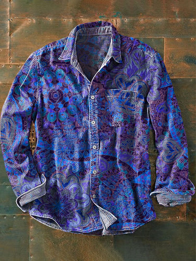 Men's Vintage Blue Floral Art Print Lapel Long Sleeve Pocket Shirt