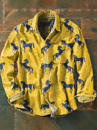 Men's Western Horse Floral Print Casual Lapel Long Sleeve Shirt