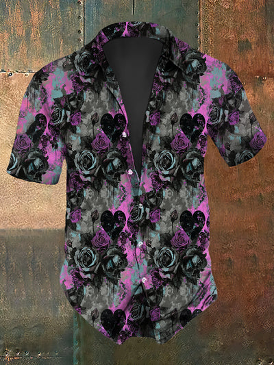 Men's Gothic Dark Style Rose Floral Graffiti Print Short-Sleeve Shirt