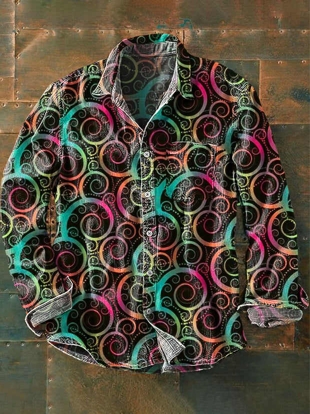 Men's Vintage Color Line Spiral Art Print Lapel Long Sleeve Pocket Shirt