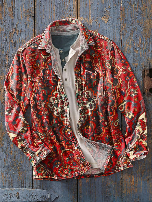 Men's Vintage Ethnic Geometric Floral Art Print Soft Lapel Long Sleeve Pocket Shirt