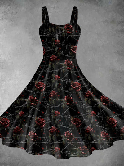 Vintage Gothic Dark Style Skull Rose Chain Print Midi Dress