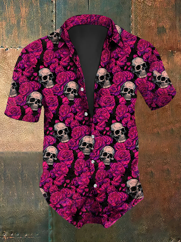 Men's Retro Dark Gothic Style Skull Rose  Print Short-Sleeve Shirt