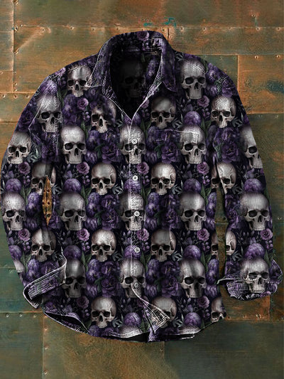 Unisex Men's Vintage Gothic Skull Rose Floral Abstract Print Casual Long Sleeve Shirt