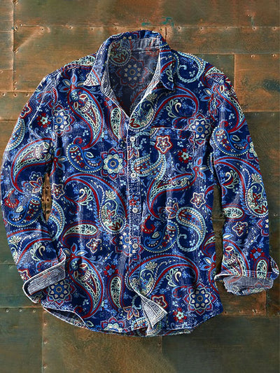 Men's Vintage Colorful Paisley Art Print Lapel Long Sleeve Pocket Shirt