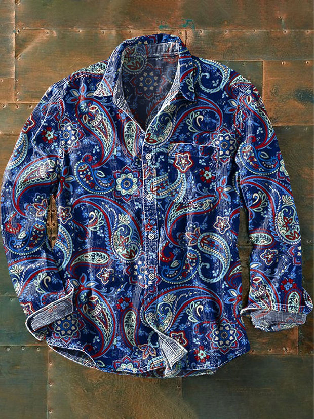 Men's Vintage Colorful Paisley Art Print Lapel Long Sleeve Pocket Shirt