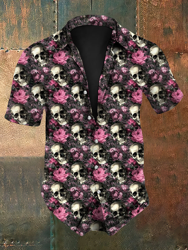 Men's Retro Dark Gothic Style Skull Rose  Print Short-Sleeve Shirt