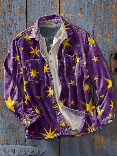 Men's Vintage Irregular Star Art Print Soft Lapel Long Sleeve Pocket Shirt