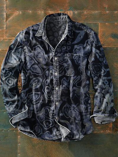 Men's Vintage Dark Abstract Art Print Lapel Long Sleeve Pocket Shirt