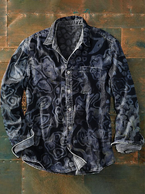 Men's Vintage Dark Abstract Art Print Lapel Long Sleeve Pocket Shirt