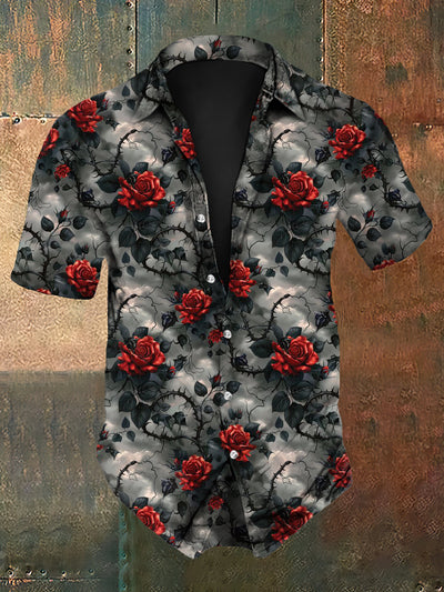 Men's Gothic Dark Style Rose Flower Print Short-Sleeve Shirt