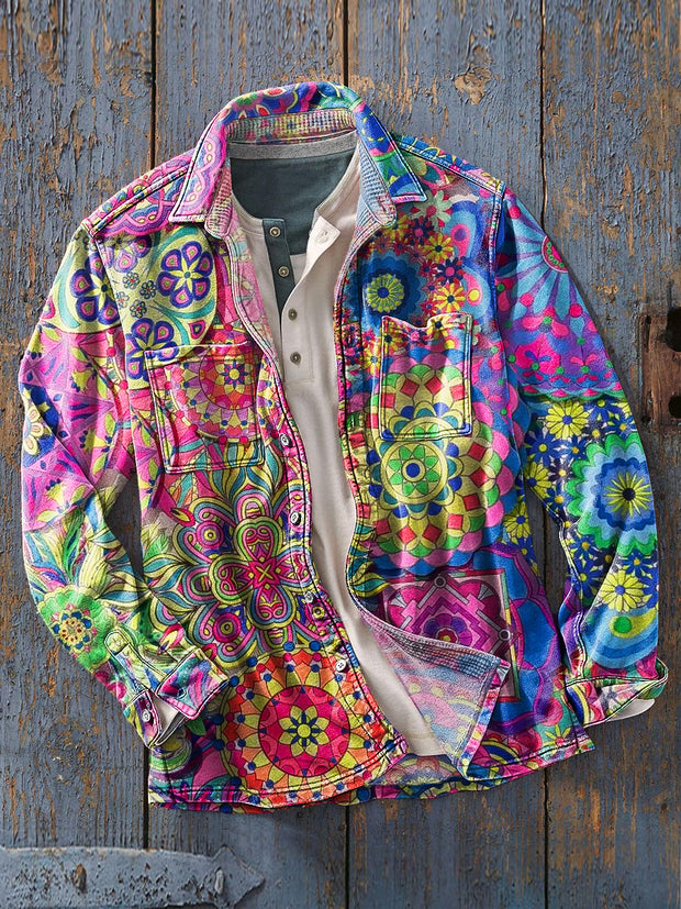 Men's Vintage Rainbow Color Mandala Art Print Soft Lapel Long Sleeve Pocket Shirt