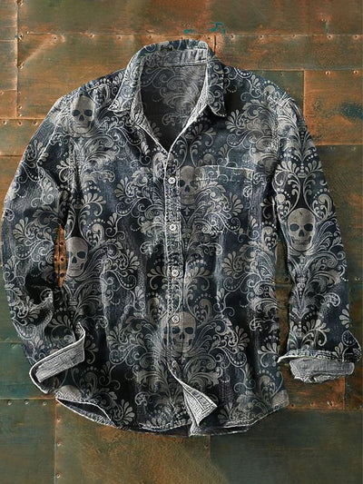 Men's Vintage Dark Skull Floral Art Print Lapel Long Sleeve Pocket Shirt