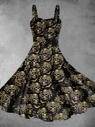 Vintage Gothic Dark Style Skull Rose Flower Print Midi Dress