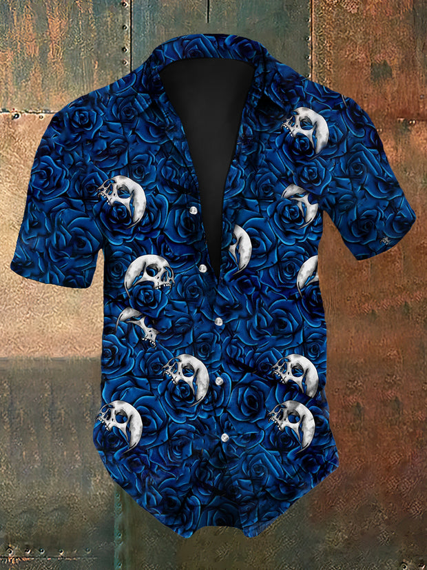 Men's Retro Dark Gothic Style Skull Rose  Print Short-Sleeve Shirt