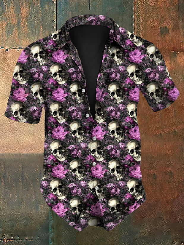 Men's Retro Dark Gothic Style Skull Rose  Print Short-Sleeve Shirt