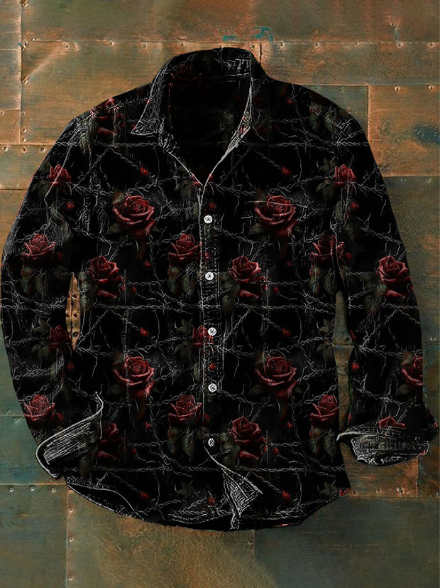 Unisex Men's Vintage Gothic Dark Chain Rose Abstract Print Casual Long Sleeve Shirt