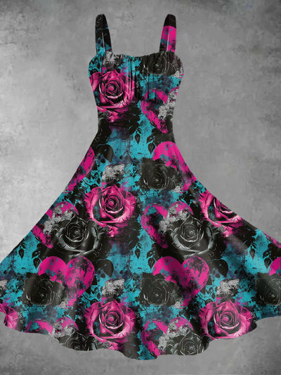 Vintage Gothic Dark Style Rose Floral Graffiti Print Midi Dress