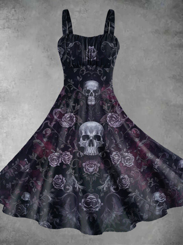 Vintage Gothic Dark Style Skull Rose Flower Print Midi Dress