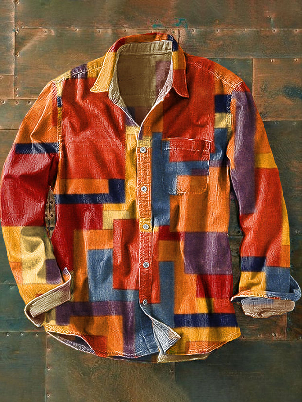 Men's Vintage Multicolor Color Block Art Print Lapel Long Sleeve Pocket Shirt