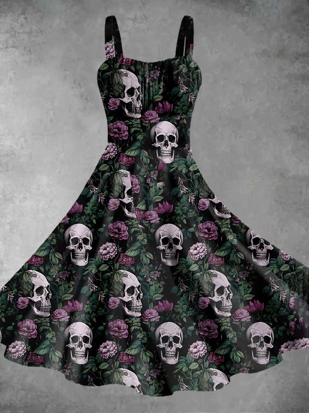 Vintage Gothic Dark Style Skull Rose Flower Print Midi Dress