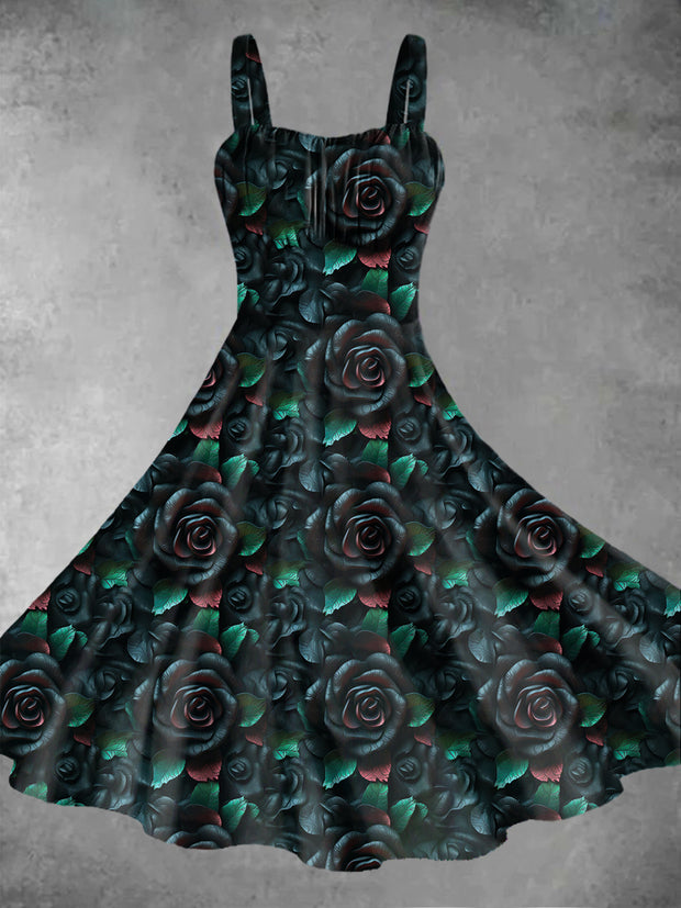 Vintage Gothic Dark Style Rose Flower Print Midi Dress