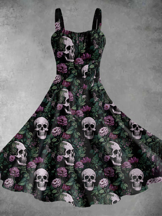 Vintage Gothic Dark Style Skull Rose Flower Print Midi Dress