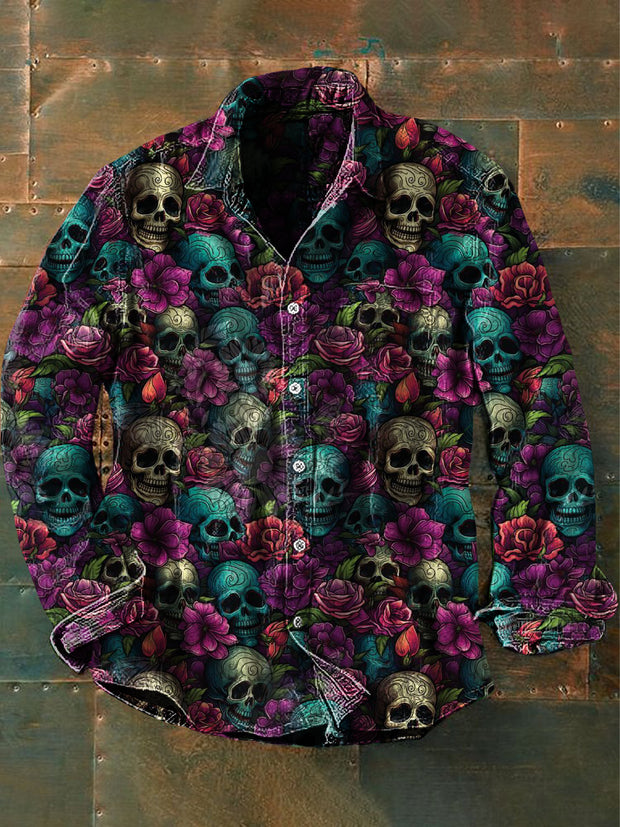 Unisex Men's Vintage Hippie Dark Skull Floral Abstract Print Casual Long Sleeve Shirt