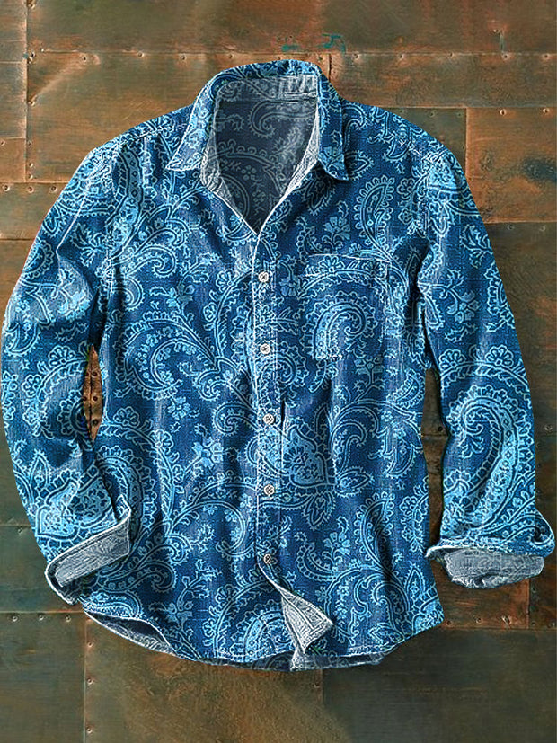 Men's Vintage Paisley Floral Art Print Lapel Long Sleeve Pocket Shirt