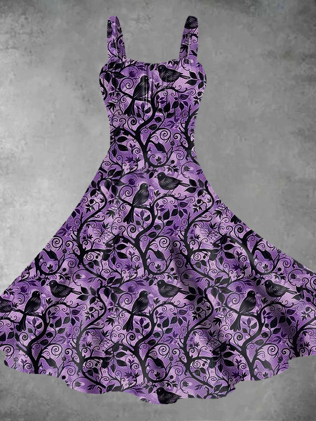 Vintage Gothic Dark Style Raven Print Midi Dress