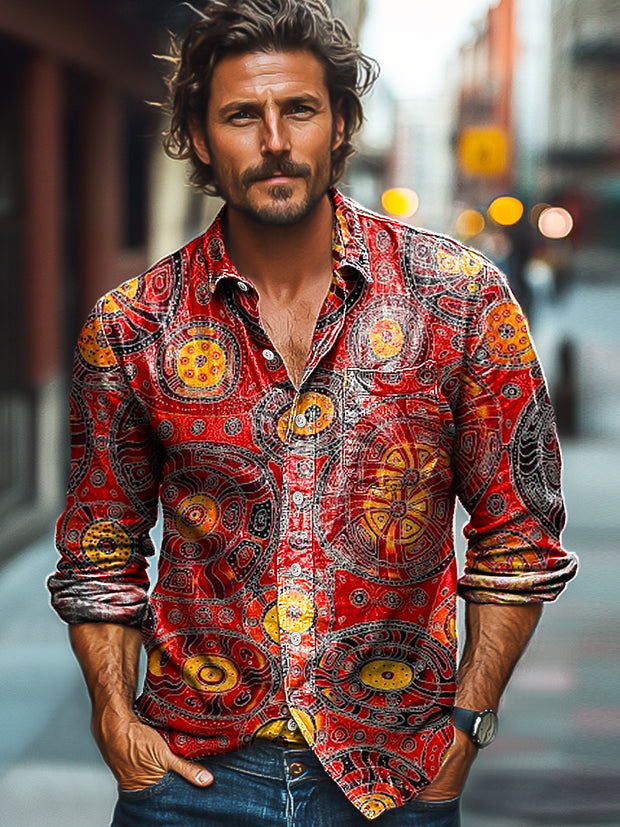 Men's Vintage Abstract Circular Pattern Art Print Lapel Long Sleeve Pocket Shirt