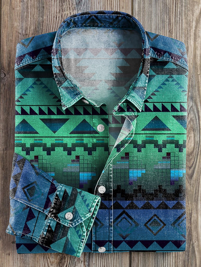 Men's Vintage Western Gradient Line Geometric Art Print Lapel Long Sleeve Shirt