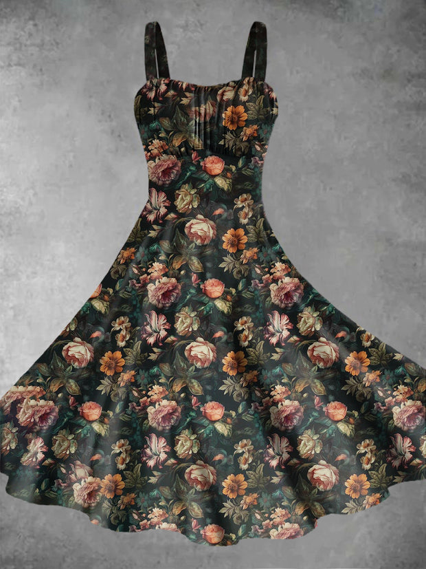 Vintage Gothic Dark Style Skull Rose Flower Print Midi Dress