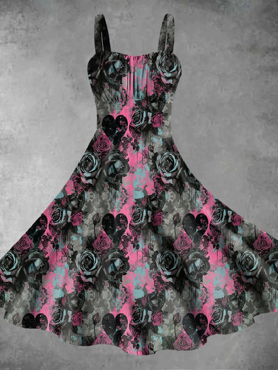 Vintage Gothic Dark Style Rose Floral Graffiti Print Midi Dress