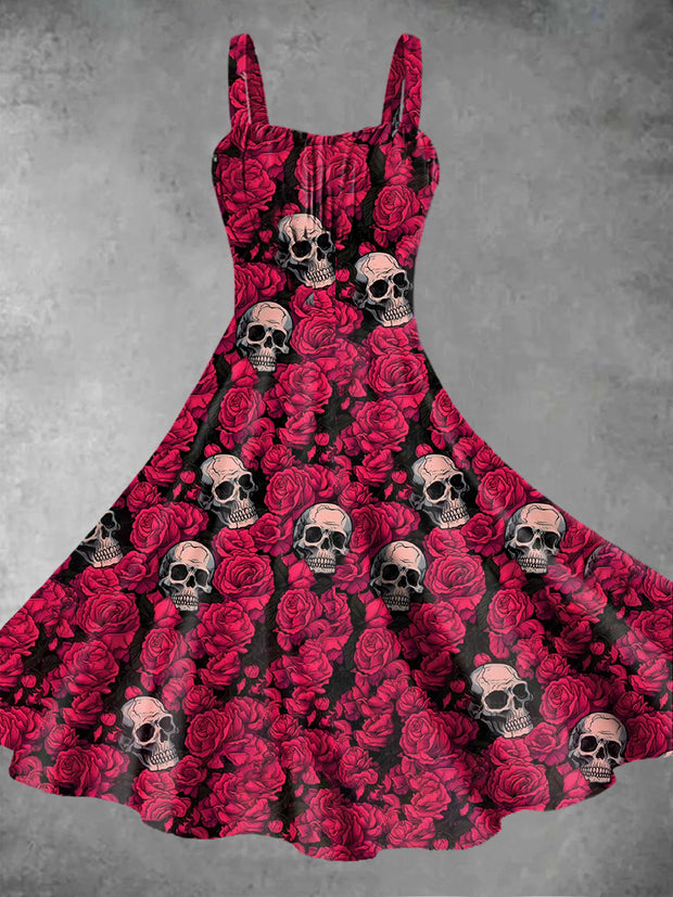 Vintage Gothic Dark Style Skull Rose Flower Print Midi Dress