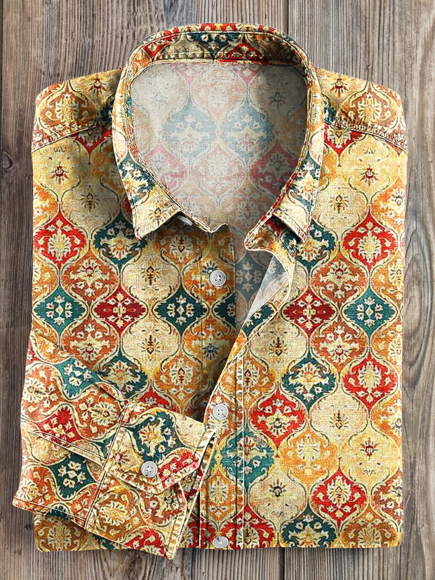 Men's Vintage Multicolor Ethnic Geometric Art Print Lapel Long Sleeve Shirt