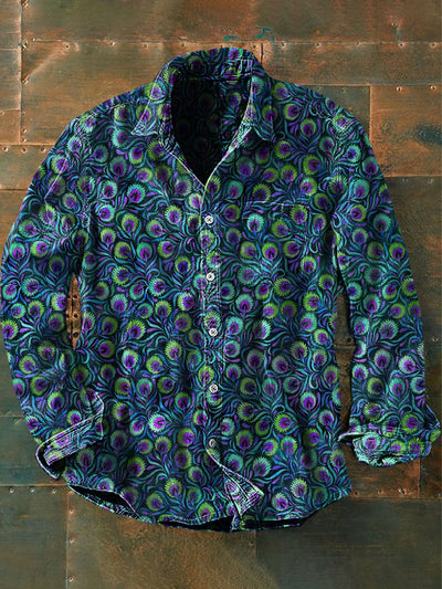 Unisex Men's Vintage Hippie Peacock Feathers Abstract Print Casual Long Sleeve Shirt